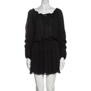 PARKER Black Silk A-Line Mini Dress with Ruffle Embellishment